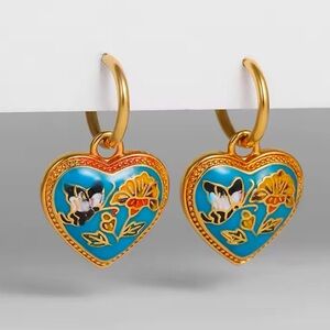 Vintage Ethnic Blue Enamel 18K Gold Stainless Steel Gold Heart Earrings